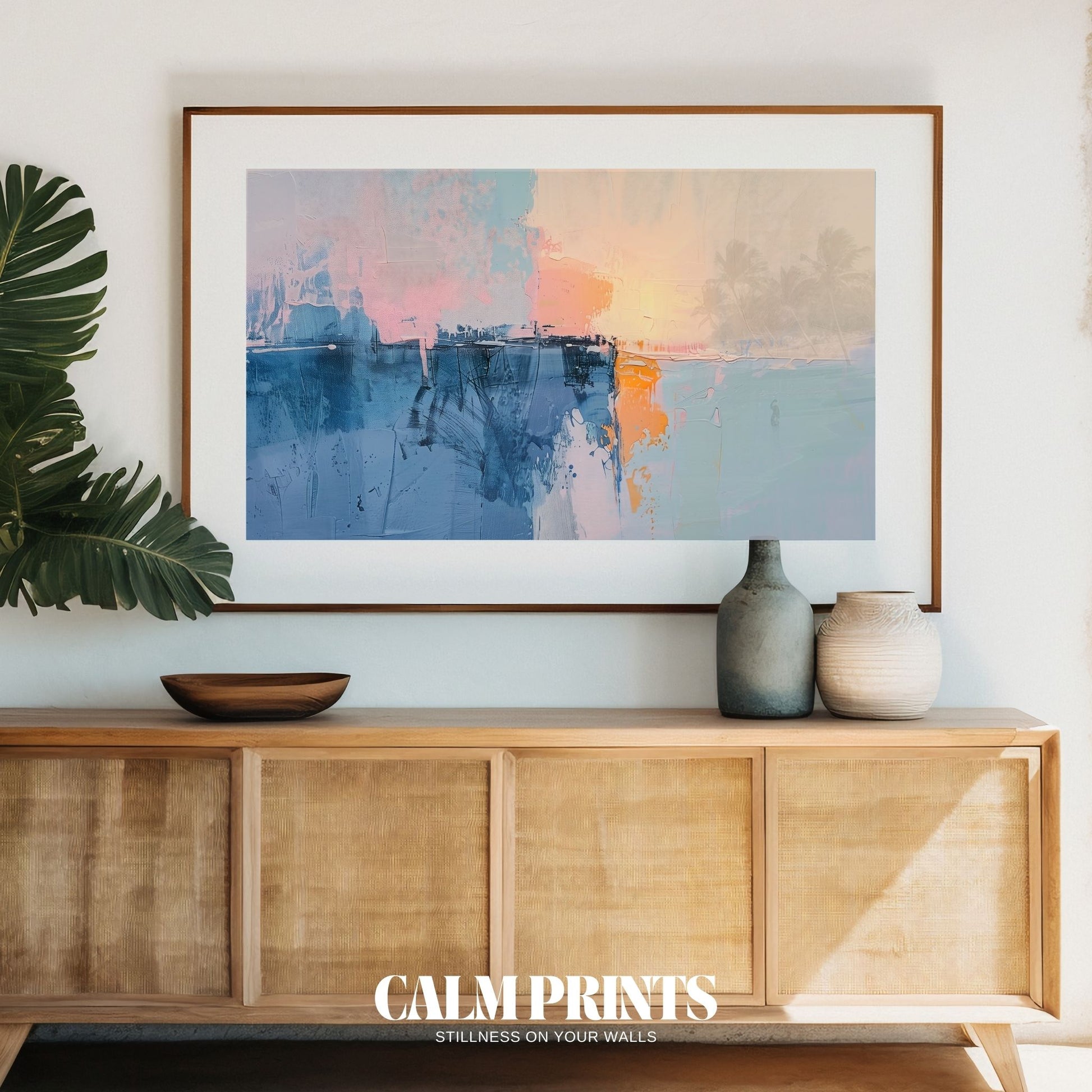 Modern artwork with a soft horizon blending colour and calm expression
