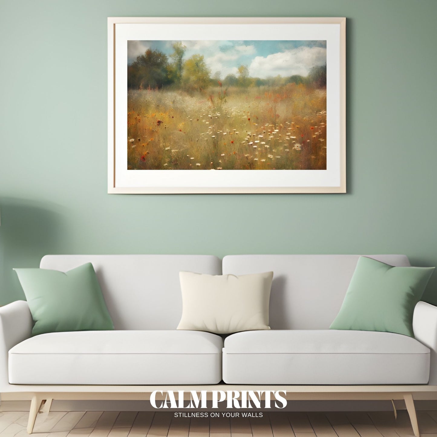 Print of wildflower field glowing in soft light and gentle colours
