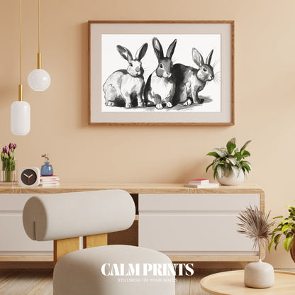 Poster of rabbits drawn in soft pencil lines with peaceful expression
