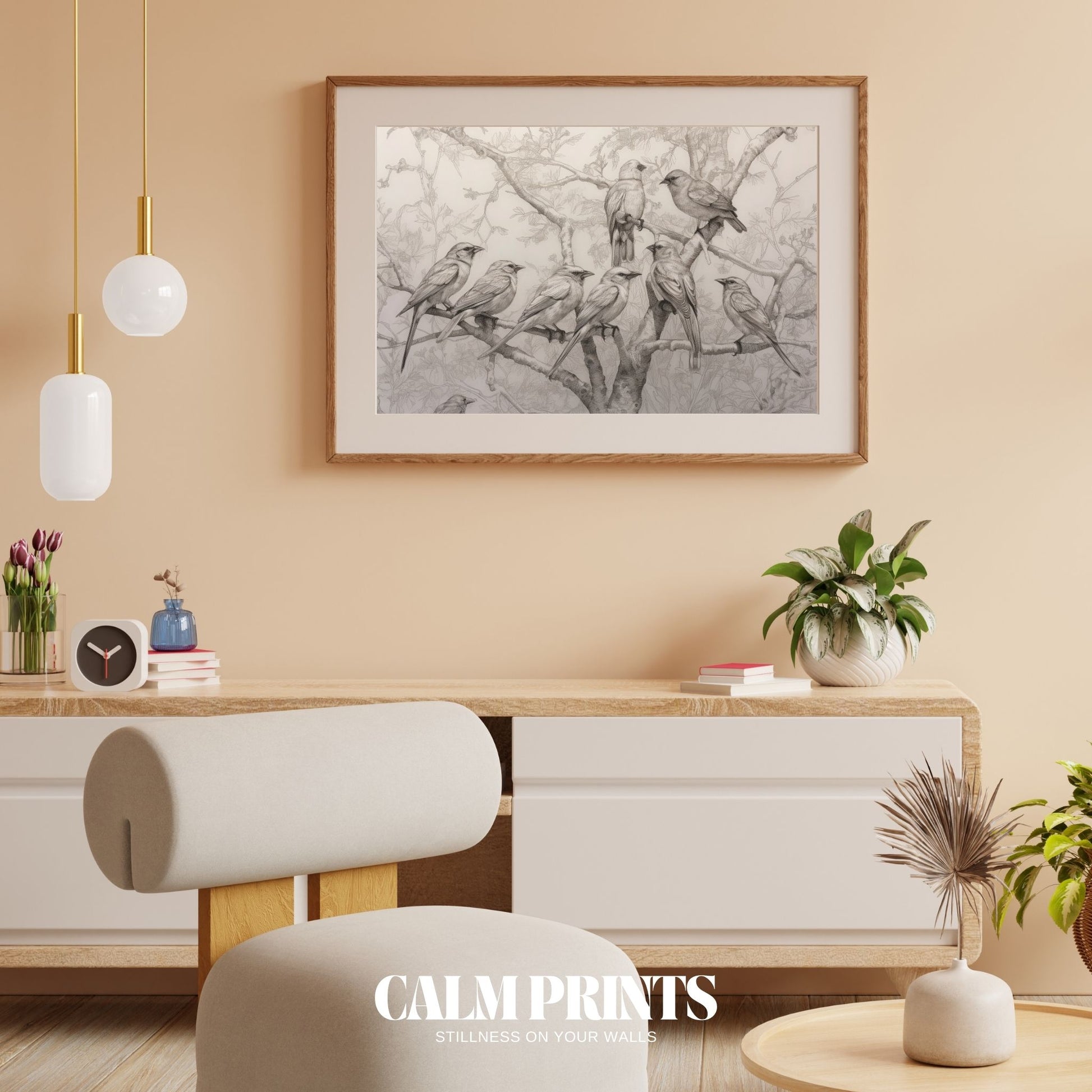 Soft pencil sketch capturing birds in quiet balance on a tree