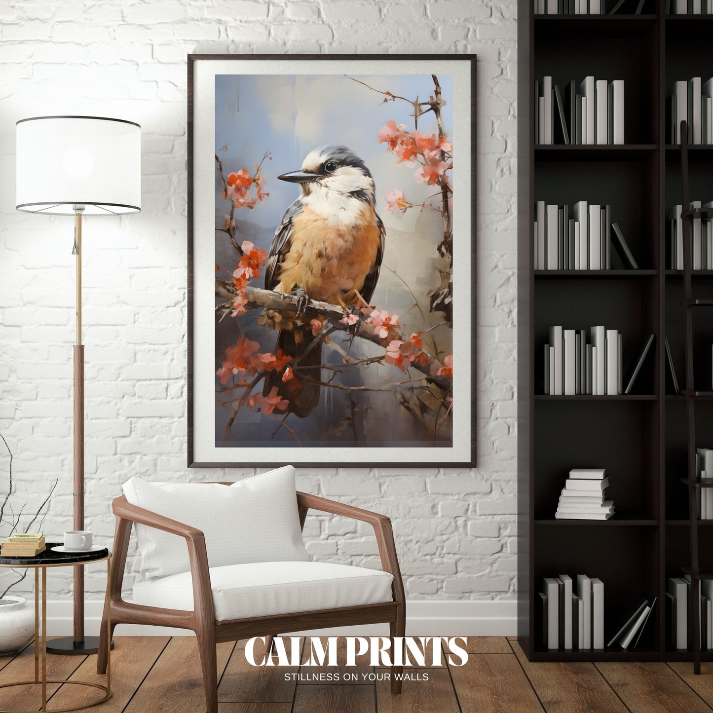 Nature print with soft petals and a quiet bird in the midst of bloom