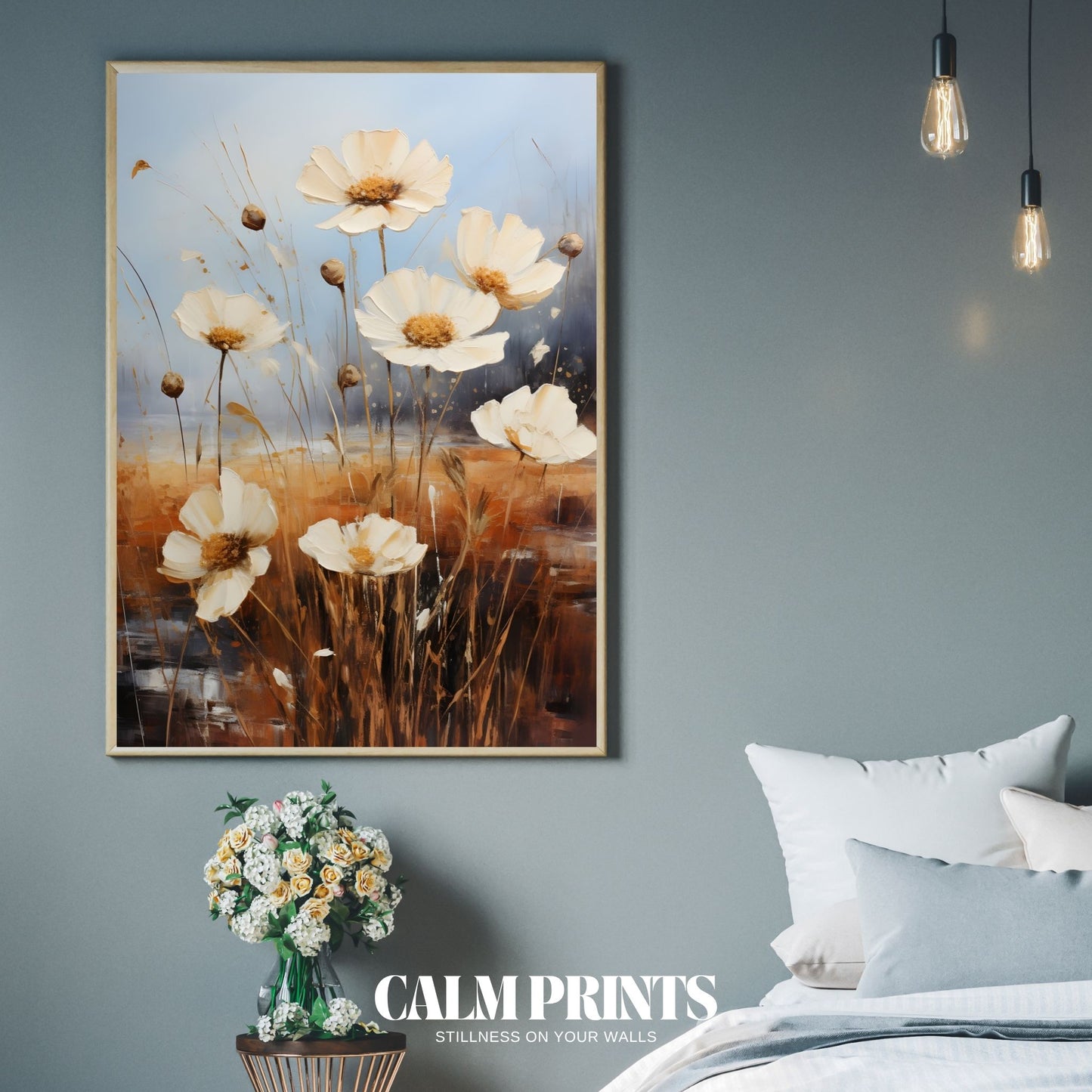 Artwork of soft white florals with a muted autumn forest backdrop
