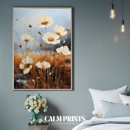 Artwork of soft white florals with a muted autumn forest backdrop
