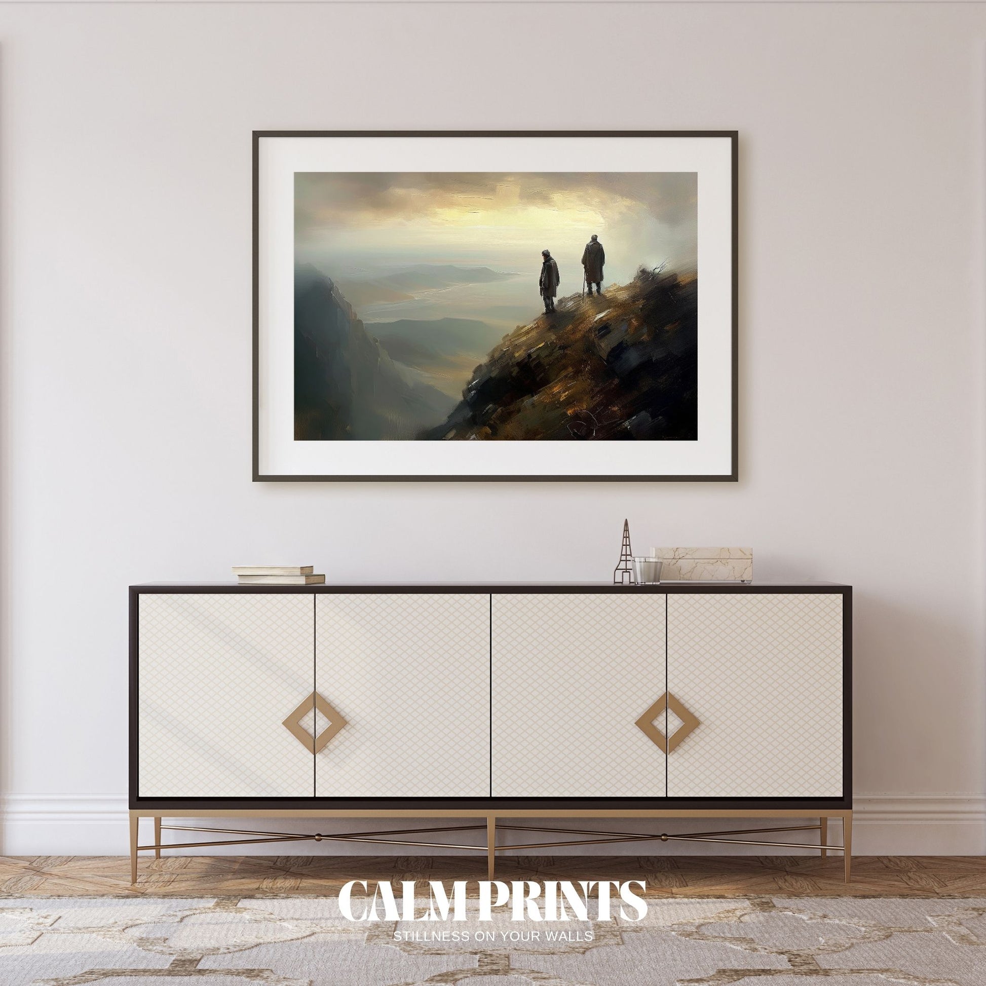 Artwork of a solitary figure gazing over a tranquil mountain horizon
