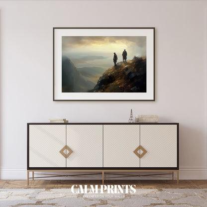 Artwork of a solitary figure gazing over a tranquil mountain horizon
