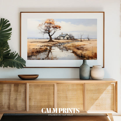 Art print of a solitary house by a gentle stream in quiet nature
