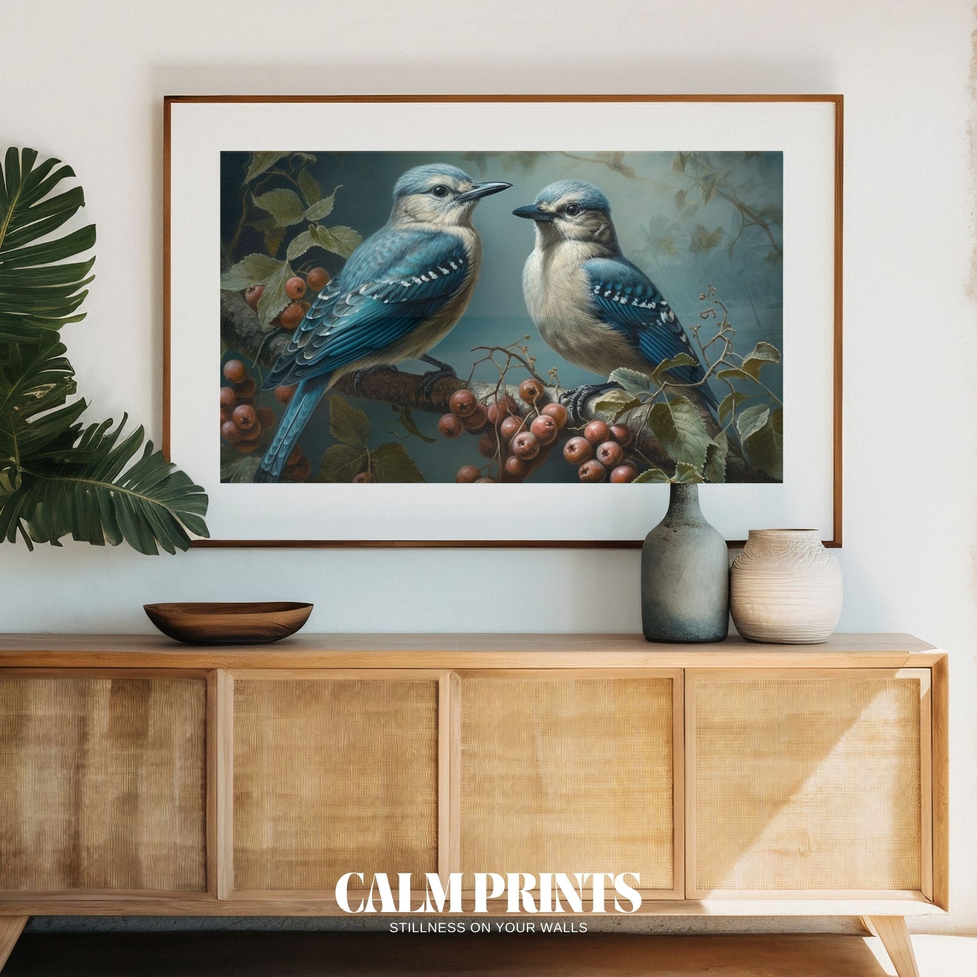 Charming songbirds sitting quietly on a branch full of berries
