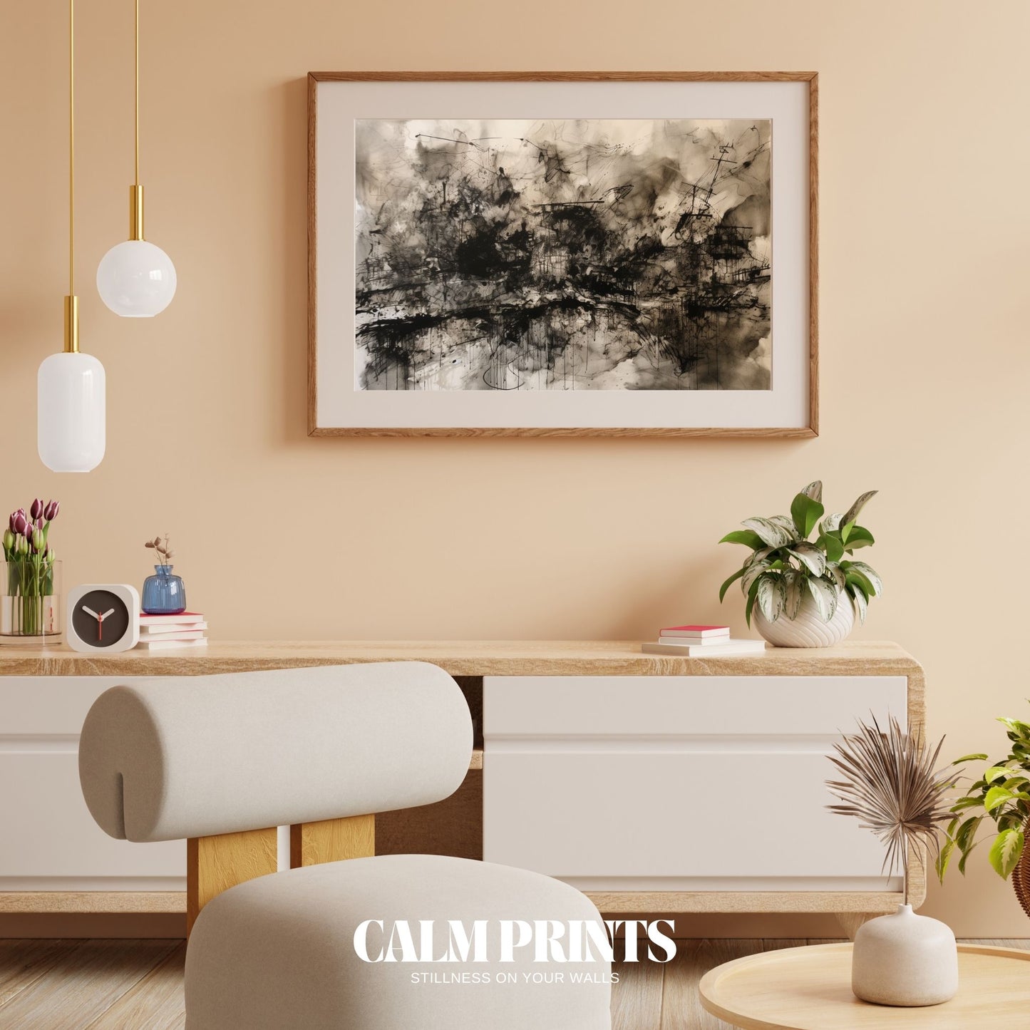 Bold abstract splatter composition in black and white tones