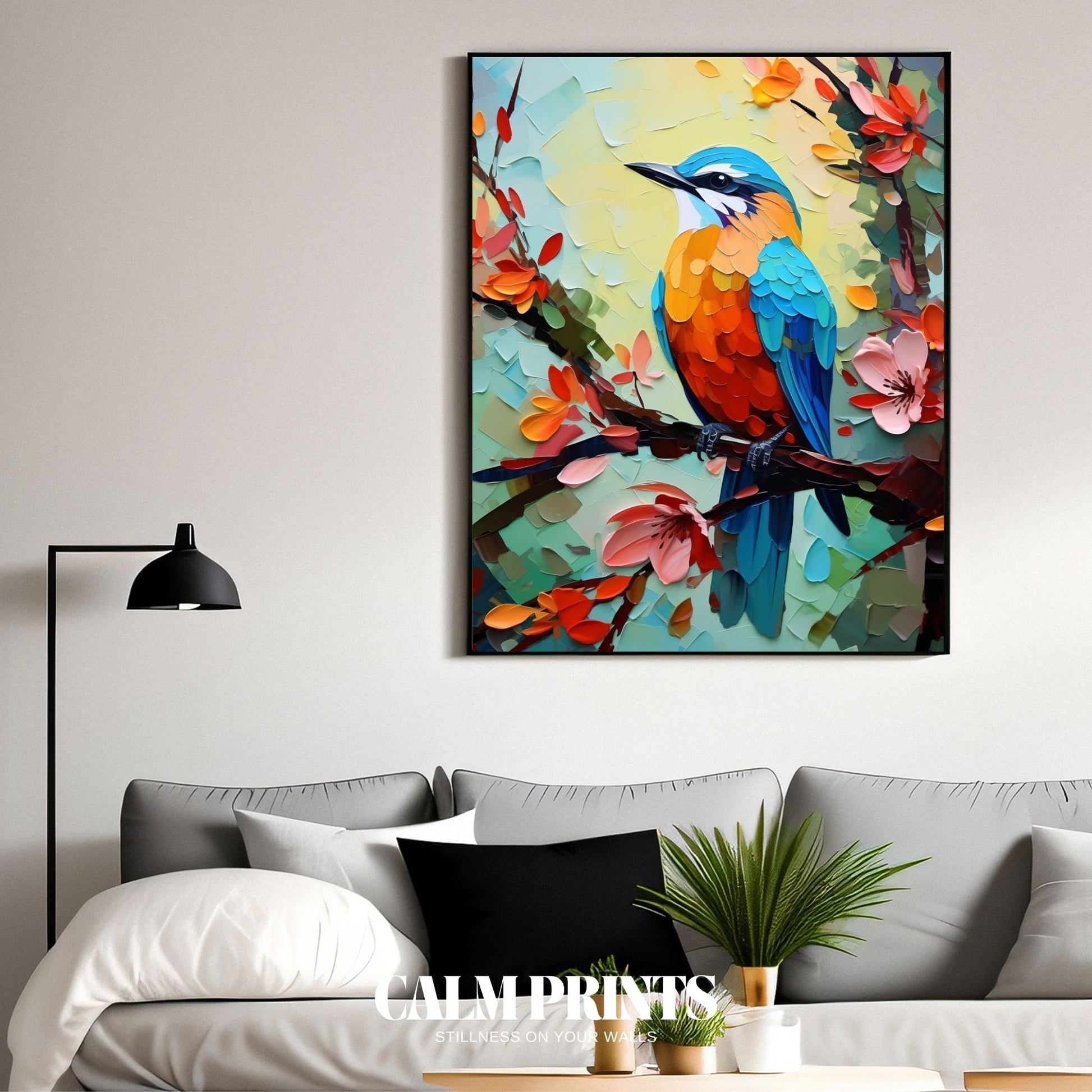 Artwork of a colourful spring bird surrounded by fresh floral blossoms

