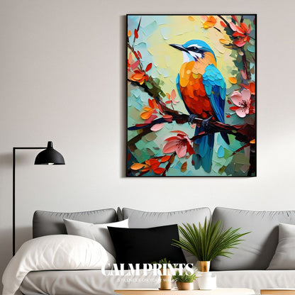 Artwork of a colourful spring bird surrounded by fresh floral blossoms
