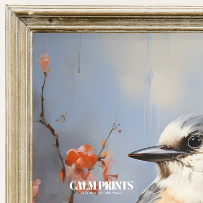 Print of a charming bird surrounded by blooming seasonal flowers