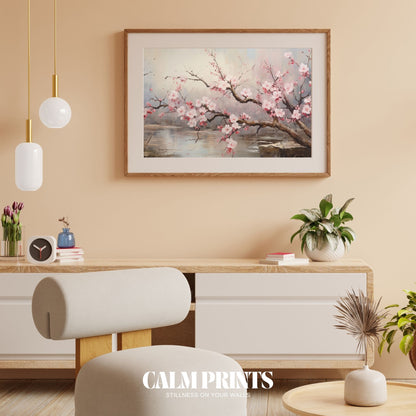 Peaceful lakeside artwork with spring cherry blossoms in gentle tones
