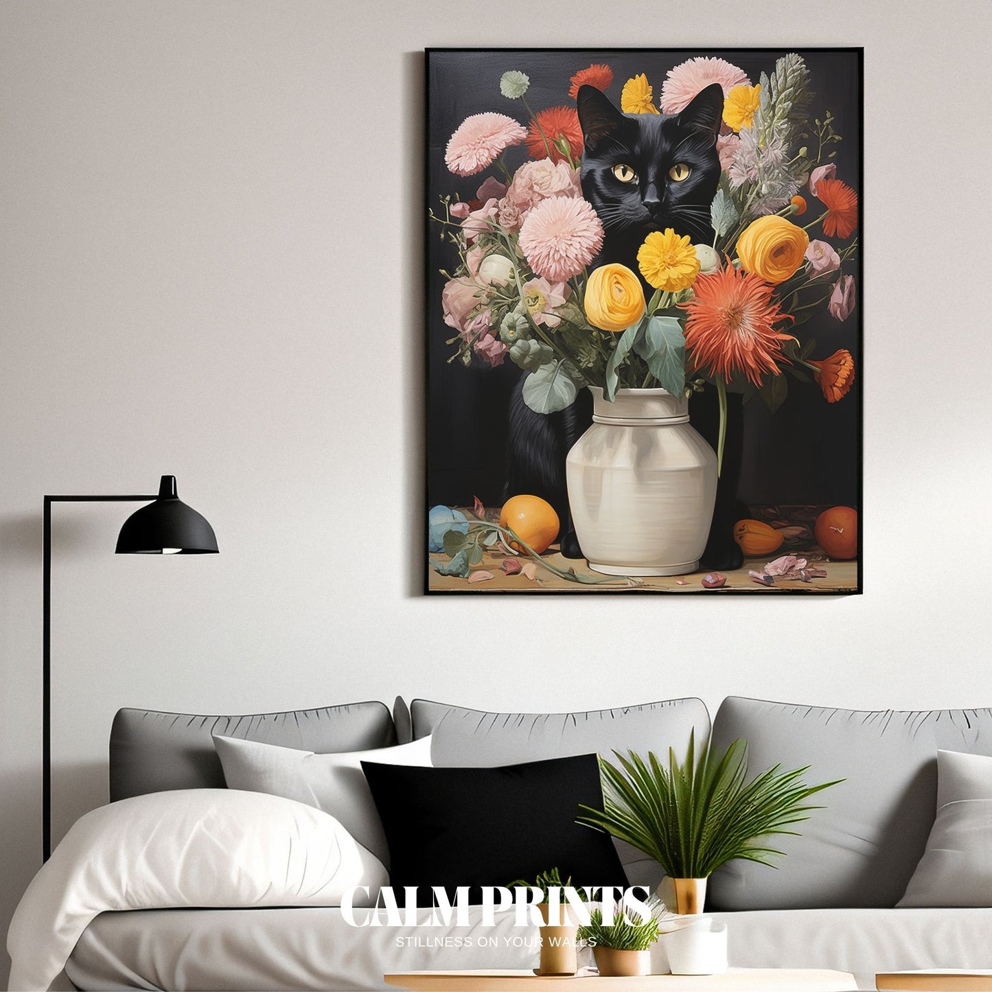 Illustration of a black cat with a colourful spring bouquet in bloom
