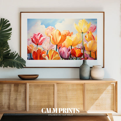 Artwork of a spring wonderland filled with blooming tulips in full colour
