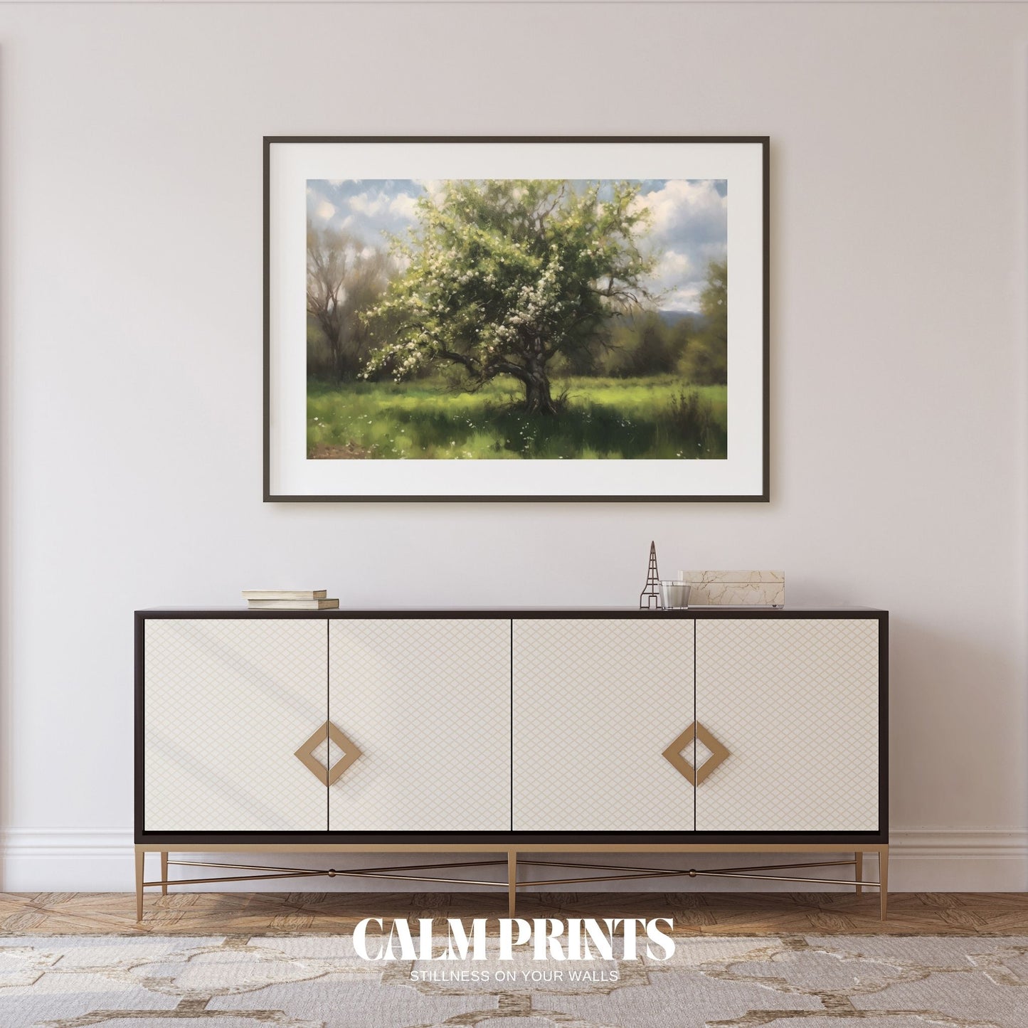 Nature scene of delicate springtime blossoms against a bright landscape
