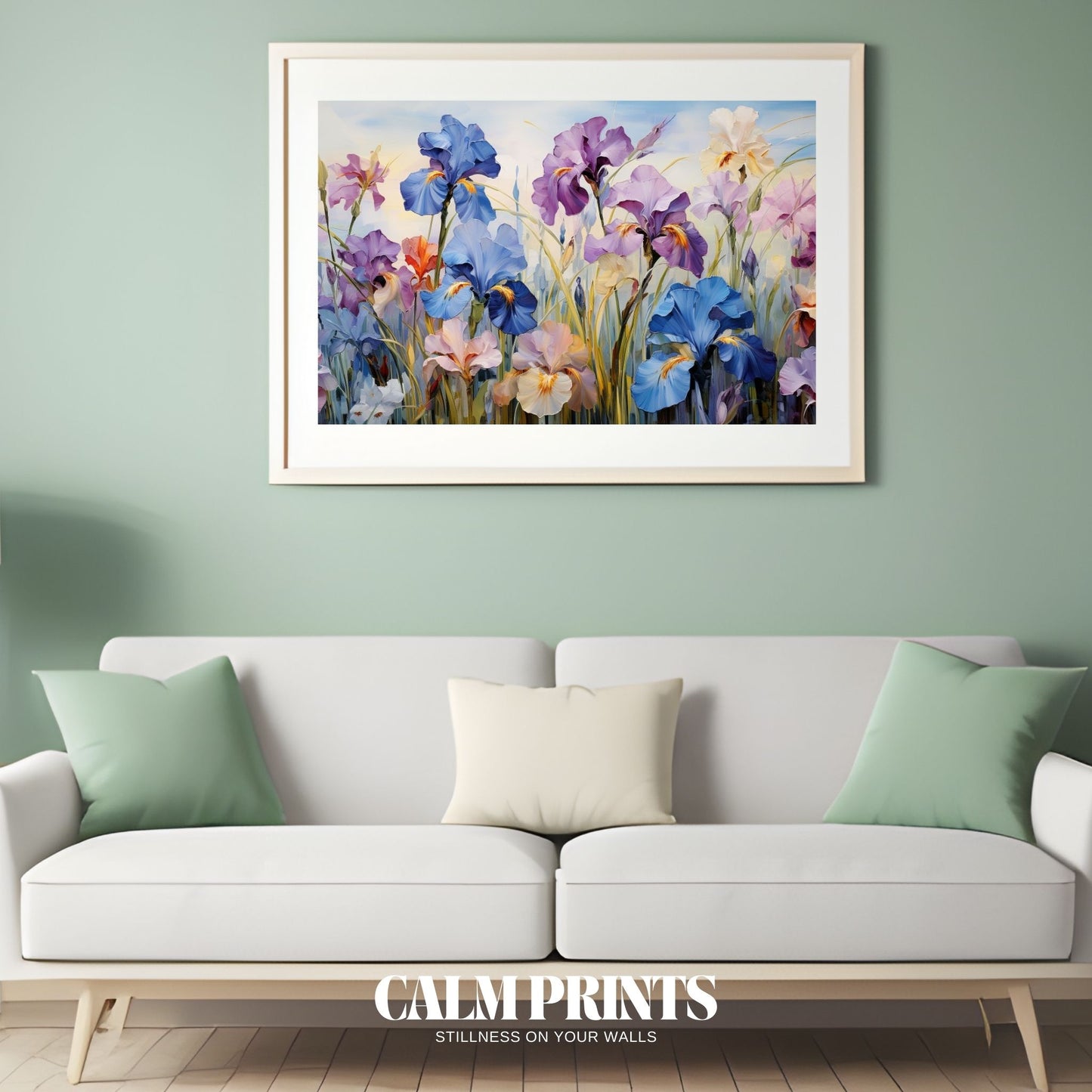 Artwork of a springtime meadow bursting with iris blossoms and greenery
