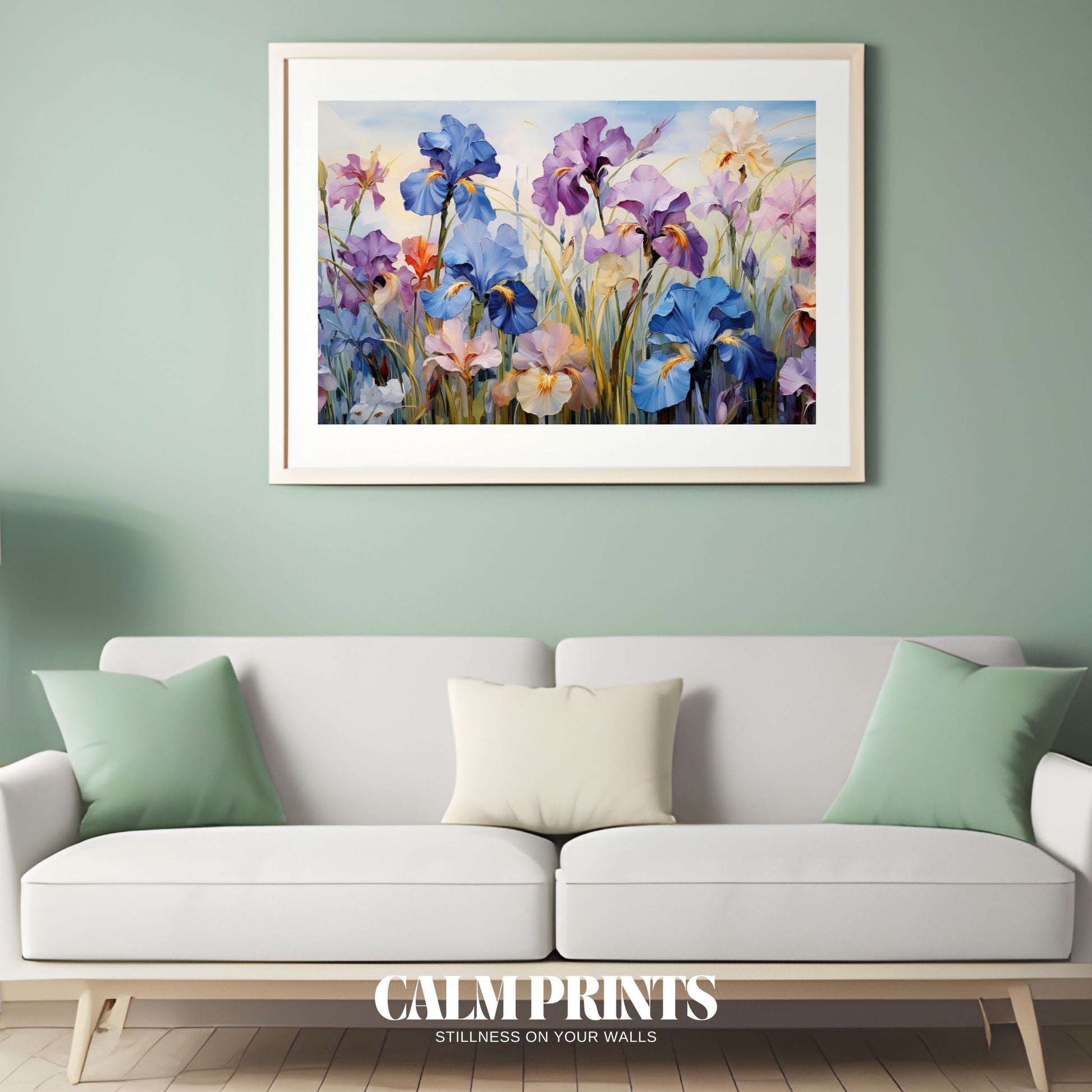 Artwork of a springtime meadow bursting with iris blossoms and greenery
