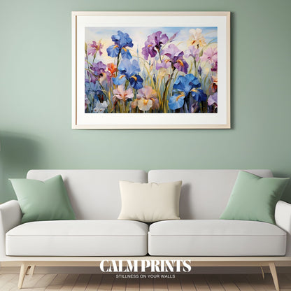 Artwork of a springtime meadow bursting with iris blossoms and greenery
