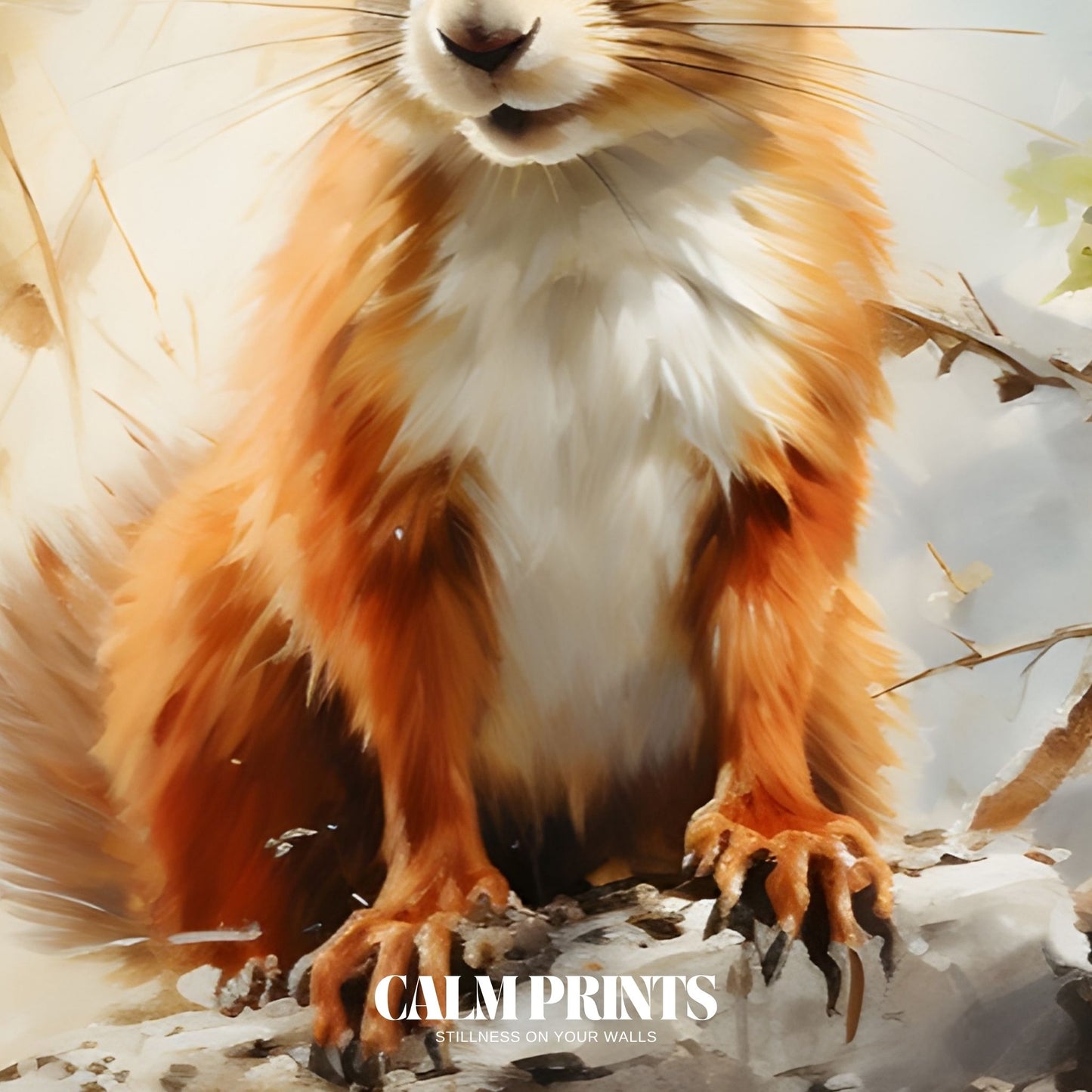 Cosy autumn artwork featuring a squirrel surrounded by seasonal leaves
