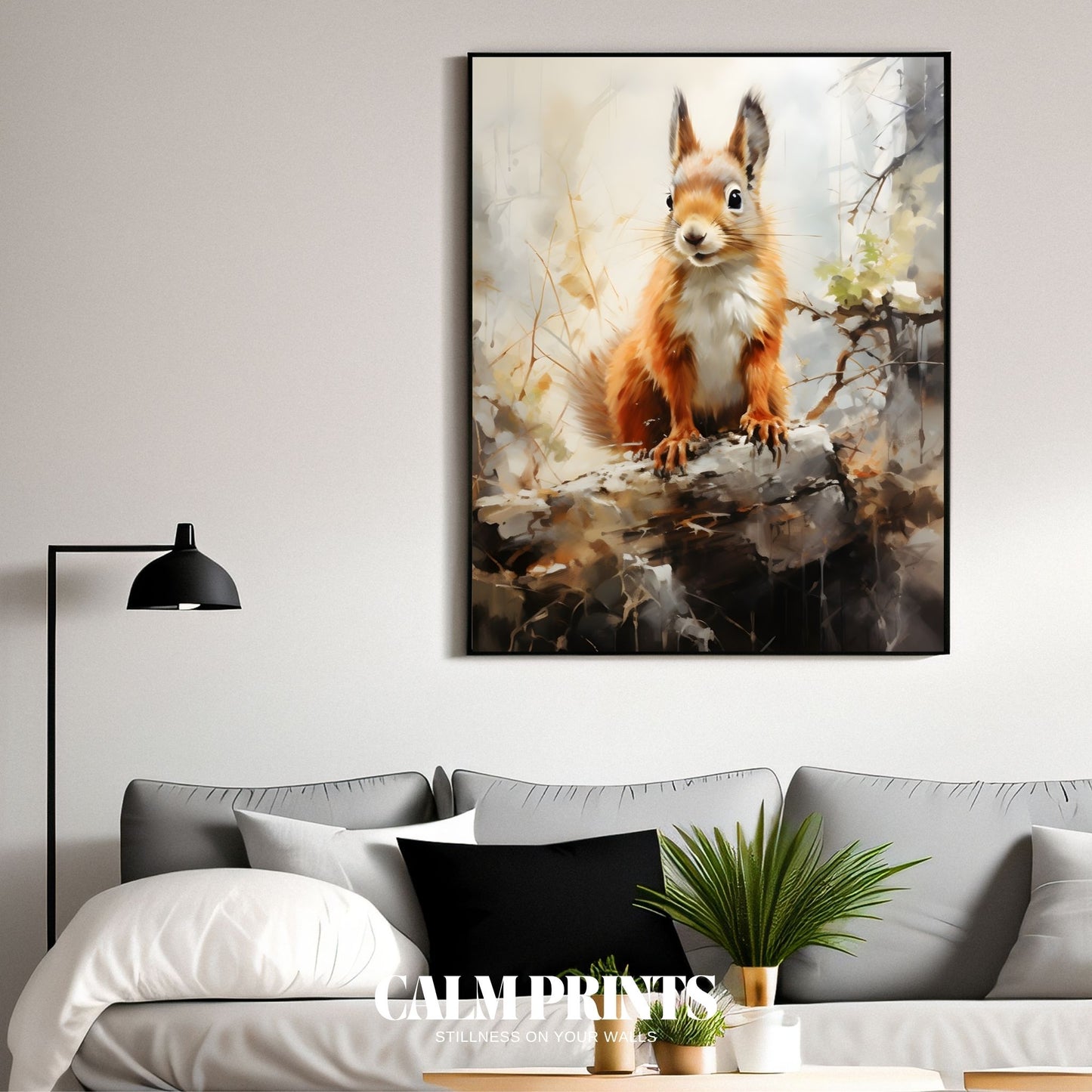 Artwork of a squirrel peeking through golden leaves in early autumn light
