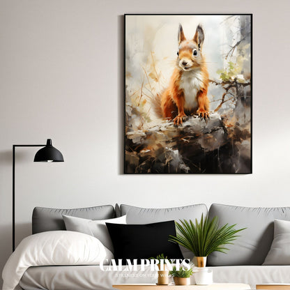 Artwork of a squirrel peeking through golden leaves in early autumn light
