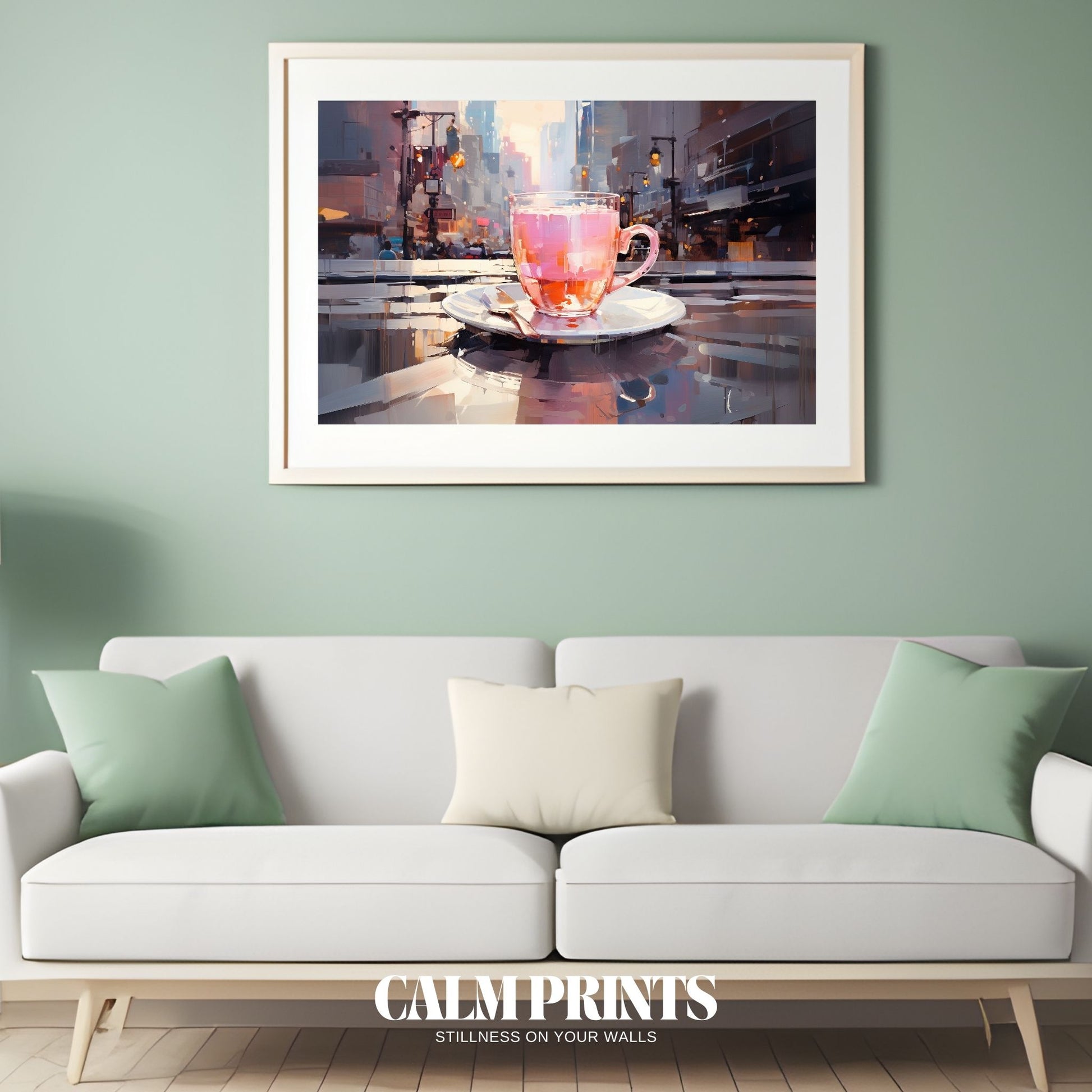 Steaming tea blending gently with a dreamy cityscape reflection
