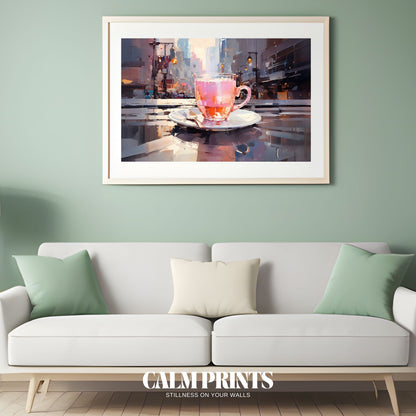 Steaming tea blending gently with a dreamy cityscape reflection
