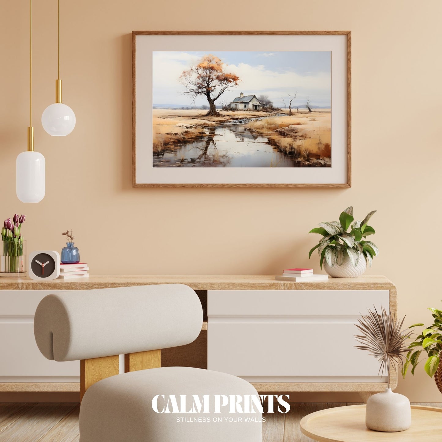 Still life landscape capturing the peacefulness of a house near a stream
