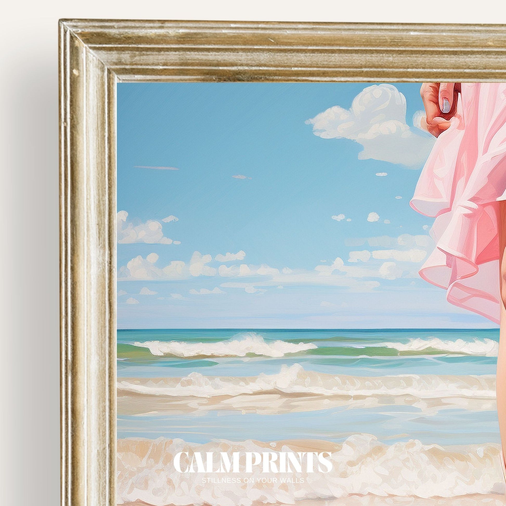 Stylish beach walk captured in pastel pink tones with breezy summer flair
