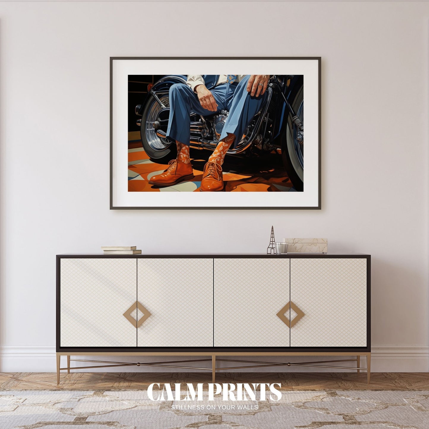 Artwork of a stylish man on two wheels exuding poise and confidence
