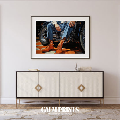 Artwork of a stylish man on two wheels exuding poise and confidence
