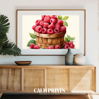 Country-style basket filled with ripe summer raspberries in rich colour