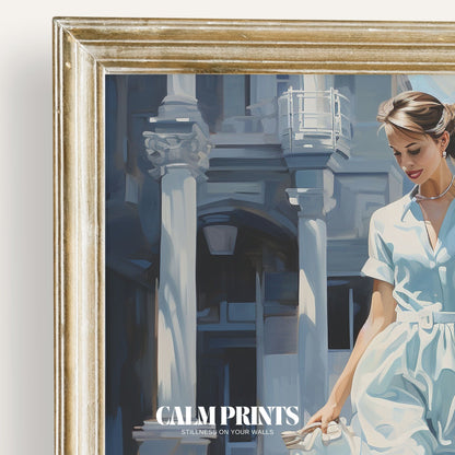 Illustration of a joyful summer walk in flowing dresses and soft light
