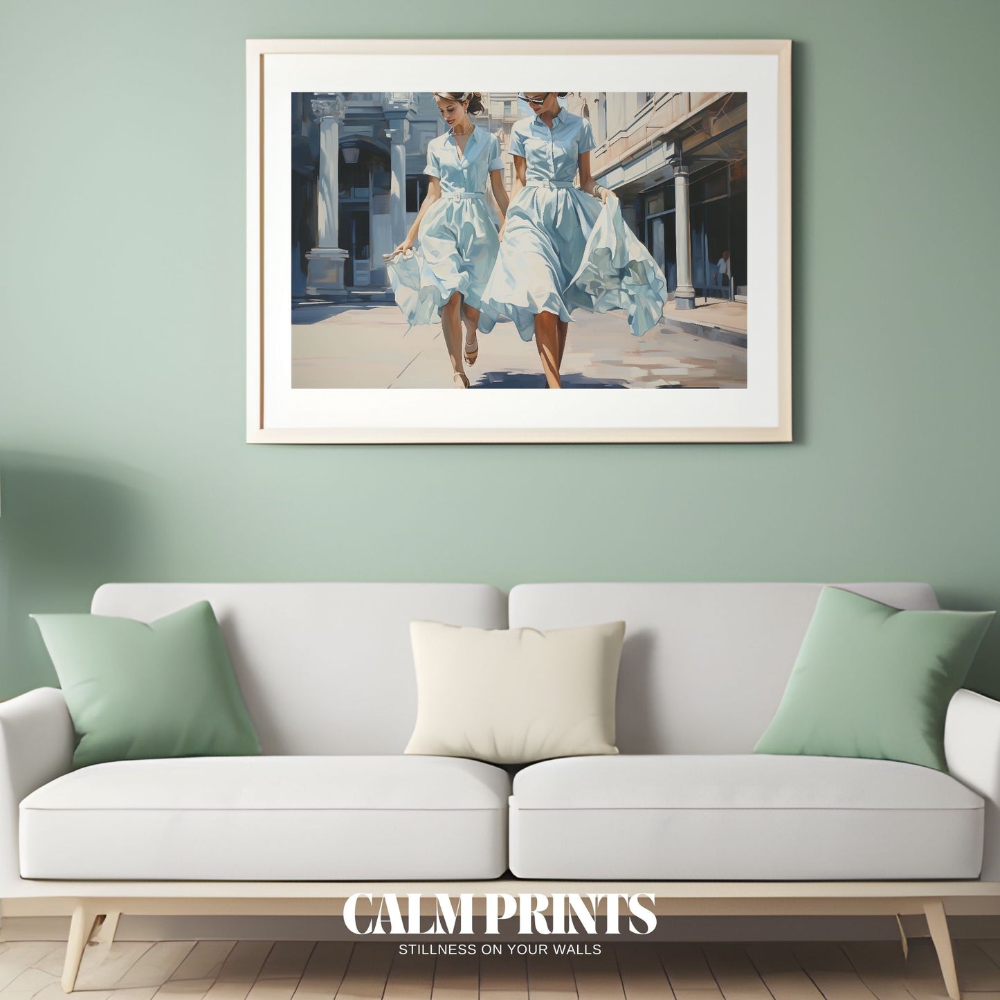 Fashionable walk captured in soft colours with elegant summer attire
