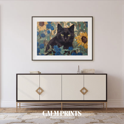 Sun-drenched field where a black cat wanders through blooming sunflowers