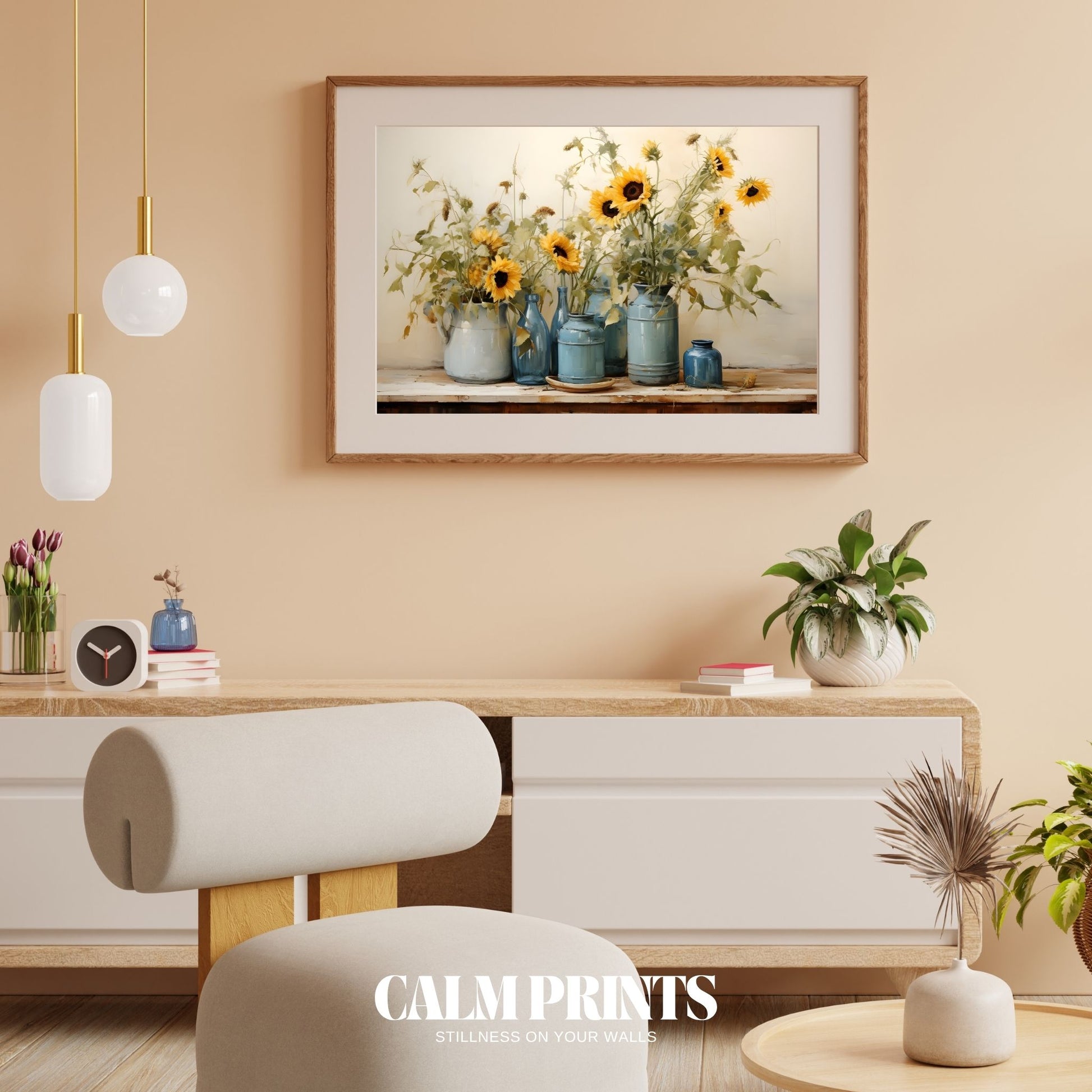 Poster of sunflower arrangement radiating joy in a bold blue vase
