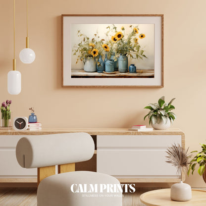 Poster of sunflower arrangement radiating joy in a bold blue vase
