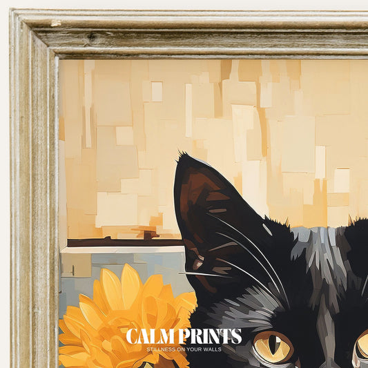 Black cat with glossy fur resting beside bright, golden sunflowers
