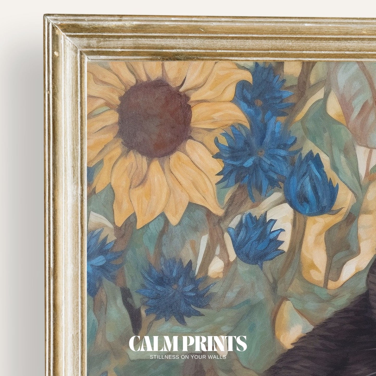 Charming print of a black cat among tall, radiant sunflowers