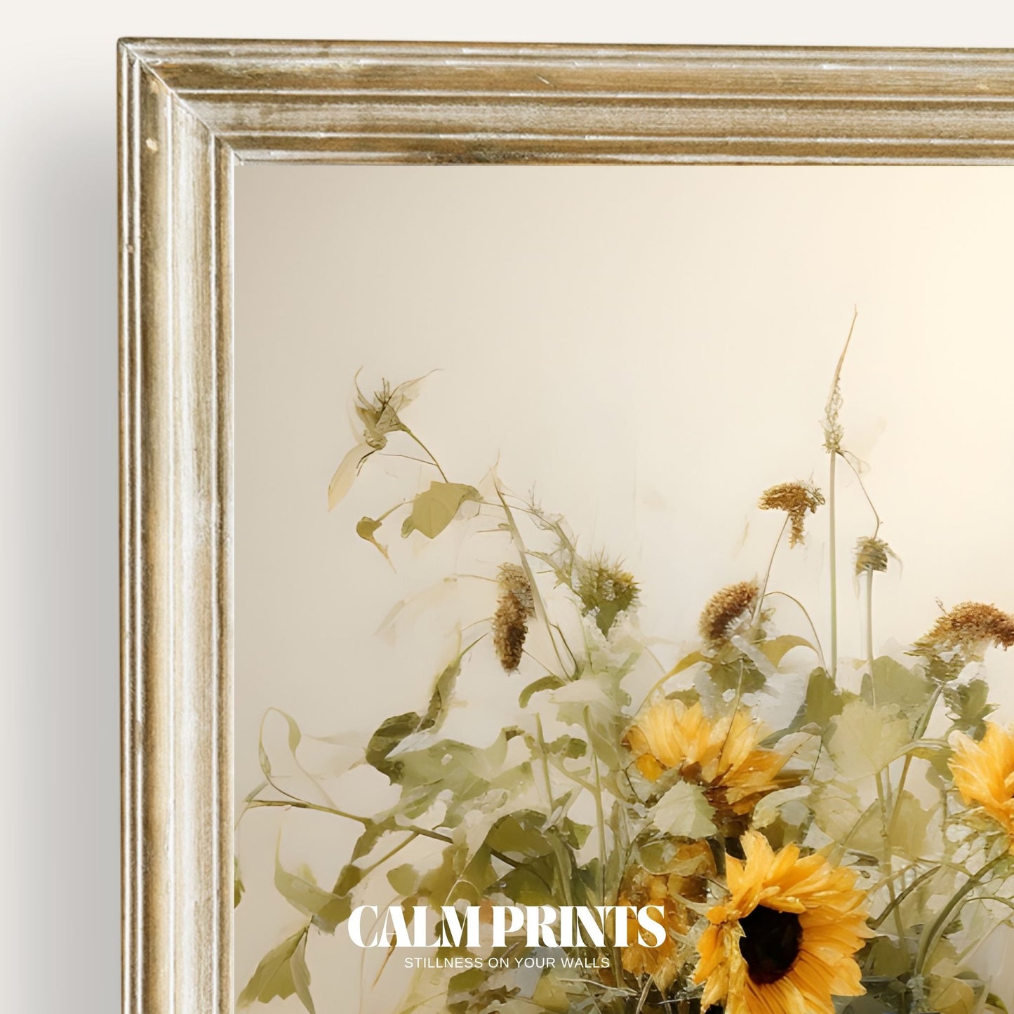 Art print of golden sunflowers arranged in elegant cerulean-toned vases
