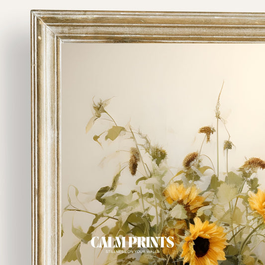 Art print of golden sunflowers arranged in elegant cerulean-toned vases
