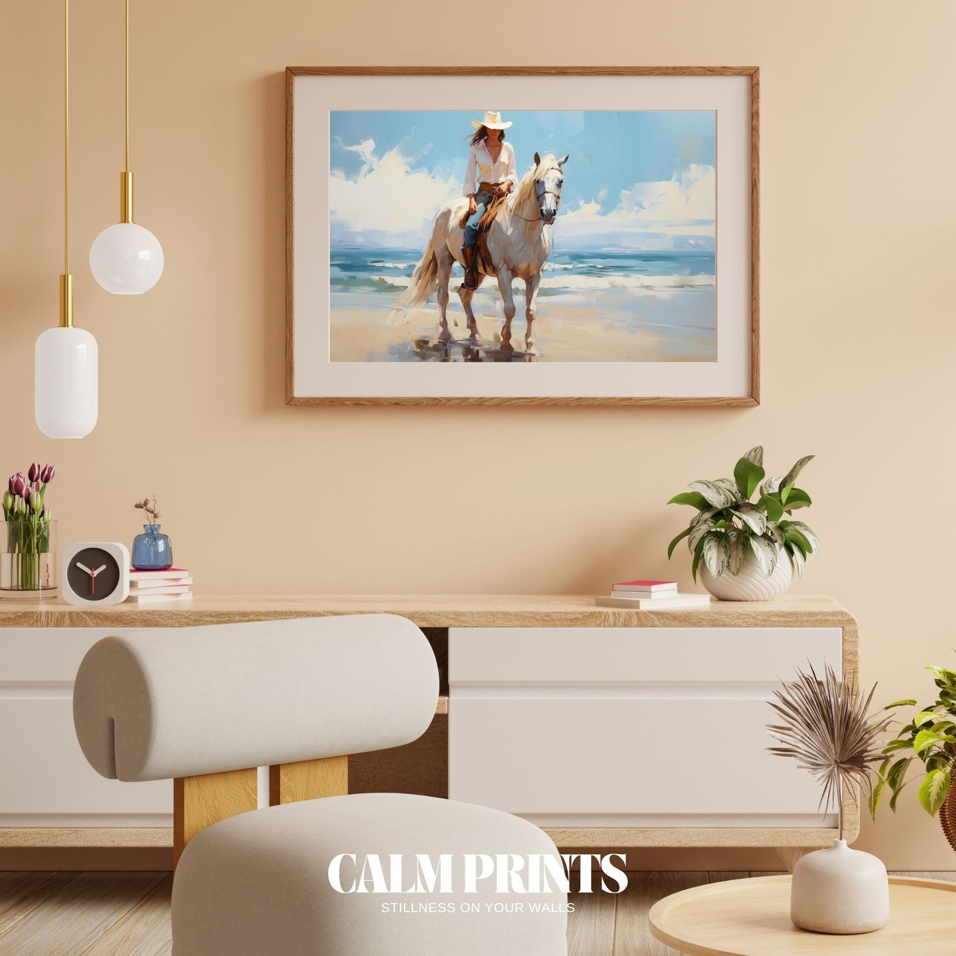 Sunlit beach scene with a graceful horse and rider moving in harmony
