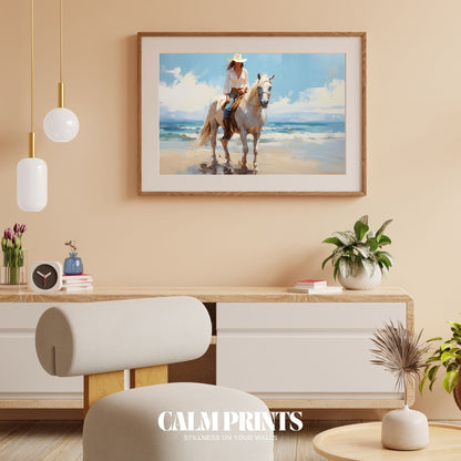 Sunlit beach scene with a graceful horse and rider moving in harmony
