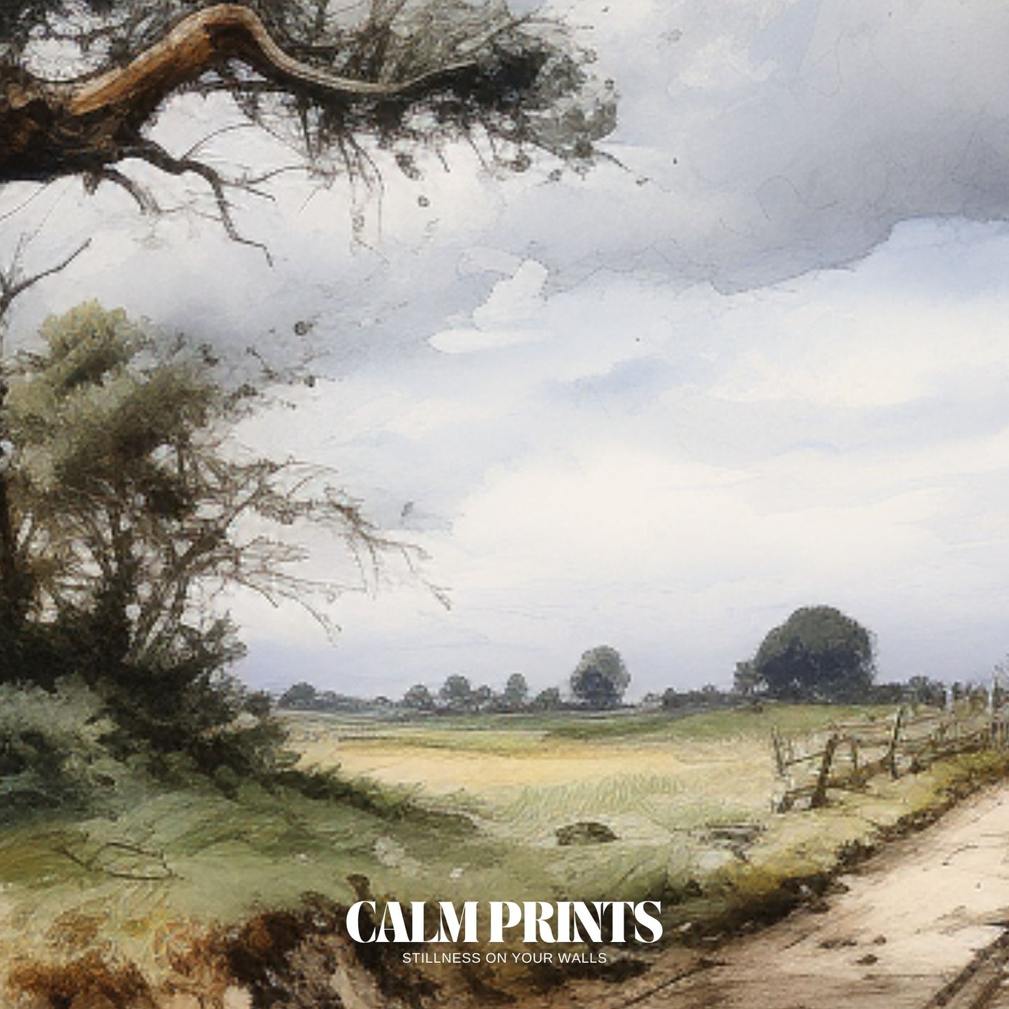 Sunlit path through the countryside with a tall tower in an open field
