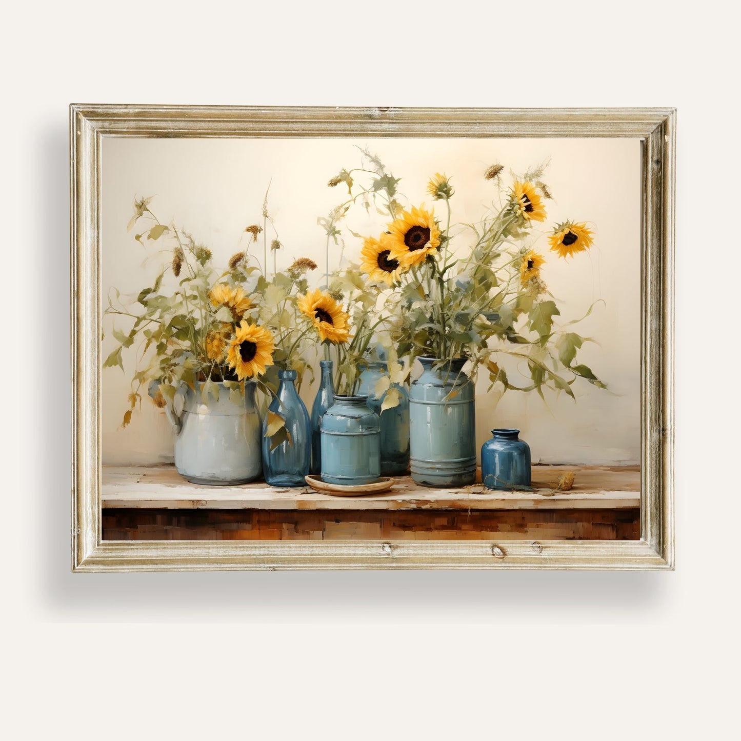 Radiant sunflowers glowing in soft sunlight inside charming blue vases
