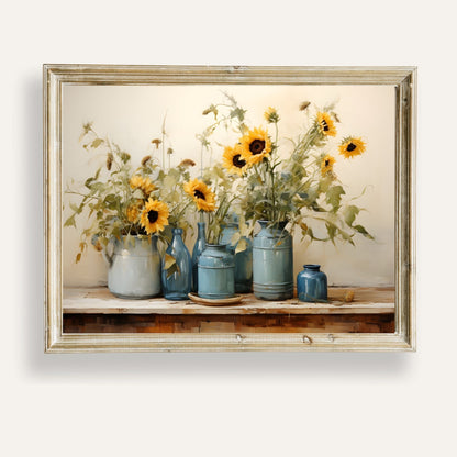 Radiant sunflowers glowing in soft sunlight inside charming blue vases
