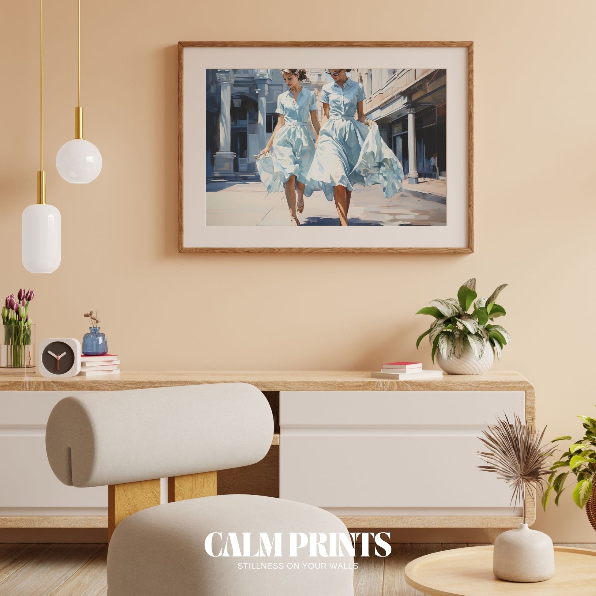 Art print of a sunlit garden walk with graceful women in summer dresses
