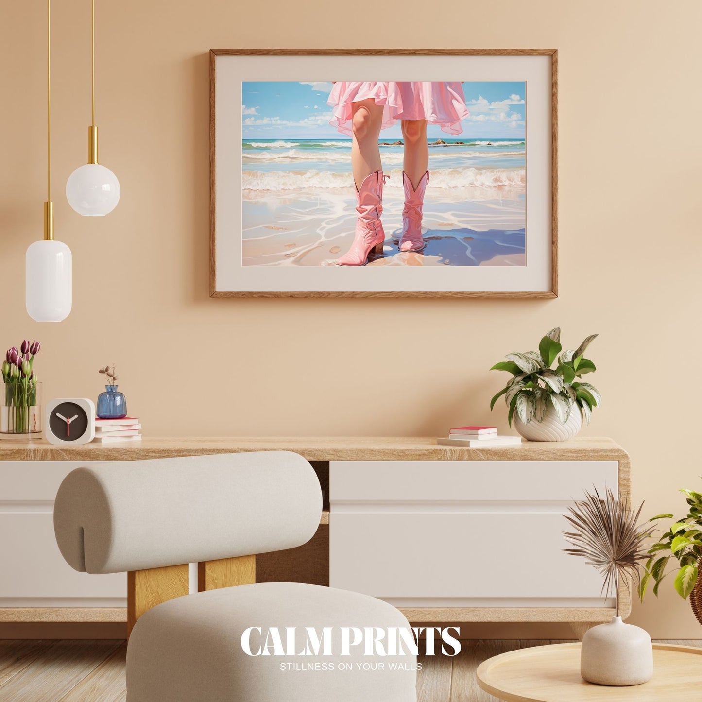 Art print with a soft pink aesthetic capturing a warm summer coastline
