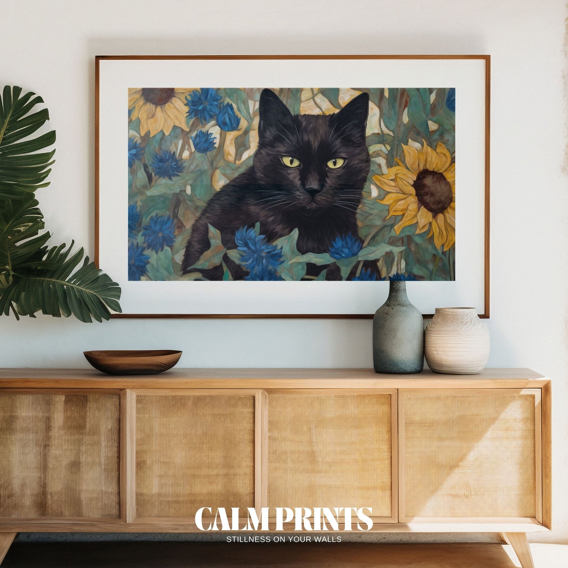 Nature artwork featuring a sleek black cat in a bright sunflower field