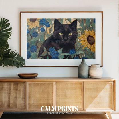 Nature artwork featuring a sleek black cat in a bright sunflower field